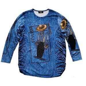 Red Coral Studded Lady Blue Stretchy Long Top Sz XL​​​​​​​​​​​